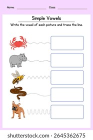 Planilha de vogais simples para crianças. Escreva a vogal de cada imagem e trace a linha. Atividade de alfabetização divertida para alunos de pré-escola e jardim de infância. Planilha de vogal animal.