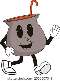 simple walking cauldron halloween mascot illustration with funny pose and expression