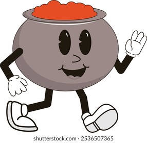 simple walking cauldron halloween mascot illustration with funny pose and expression