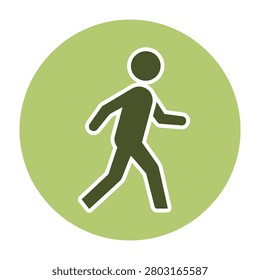 A simple walking person icon on a green circle background, symbolizing movement and activity.