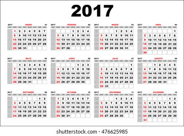 Simple wall calendar 2017 vector template. Spanish. Week starts on Sunday.
