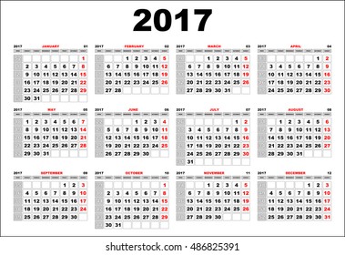 Simple wall calendar 2017 vector template. English. Week starts on Monday.