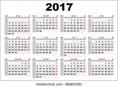 Simple wall calendar 2017 vector template. Spanish. Week starts on Monday.