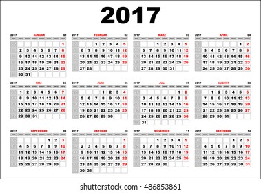 Simple wall calendar 2017 vector template.German. Week starts on Monday.