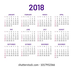 Simple wall calendar 2018 year, flat, isolated. Plain annual chart in minimalistic design. Calendar vector template