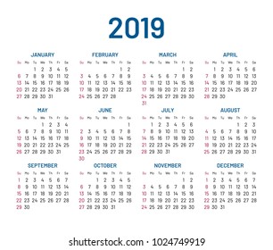 Simple wall calendar 2019 year, flat, isolated. Plain annual chart in minimalistic design. Calendar vector template