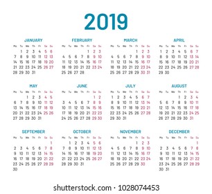 Simple wall calendar 2019 year, flat, isolated. Plain annual chart in minimalistic design. Vector illustration of menology
