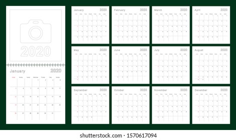 Simple wall calendar 2020 year with dotted lines. The calendar is in English, week start from Sunday. Vector template.