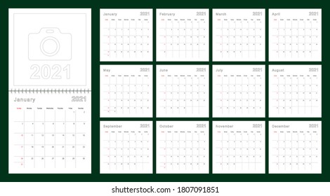 Simple wall calendar 2021 year with dotted lines. The calendar is in English, week start from Sunday. Vector template.