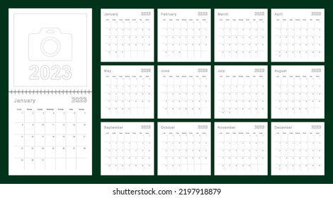 Simple wall calendar 2023 year with dotted lines. The calendar is in English, week start from Sunday. Vector template.