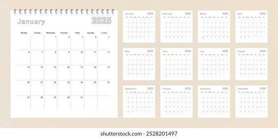 Simple wall calendar 2025 year with dotted lines. The calendar is in English, week start from Monday. Vector template.