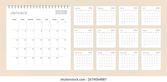 Calendario de pared simple 2026 año con líneas punteadas. El calendario está en inglés, la semana comienza el lunes. Plantilla de Vector.