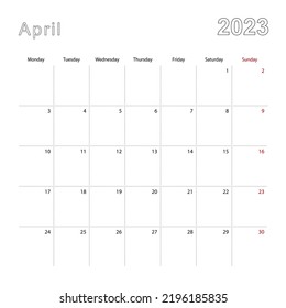 Simple Wall Calendar For April 2023 With Dotted Lines. The Calendar Is In English, Week Start From Monday. Vector Template.