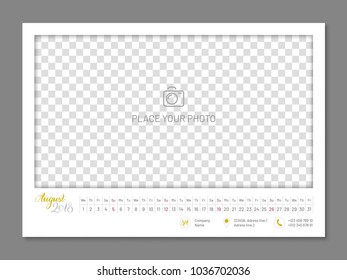 Simple wall calendar August 2018 year, flat, isolated. Plain annual chart in minimalistic design. Calendar vector template