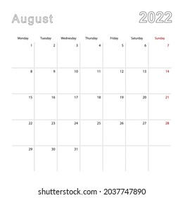 Simple calendario de pared para agosto de 2022 con líneas punteadas. El calendario está en inglés, la semana comienza el lunes. Plantilla de vectores.