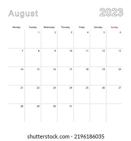 Simple Wall Calendar For August 2023 With Dotted Lines. The Calendar Is In English, Week Start From Monday. Vector Template.