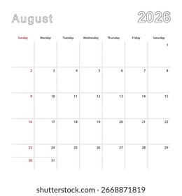 Calendario de pared simple para agosto de 2026 con líneas de puntos. El calendario está en inglés, la semana comienza desde el domingo. Plantilla de Vector.