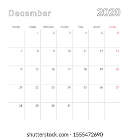 Simple wall calendar for December 2020 with dotted lines. The calendar is in English, week start from Monday. Vector template.