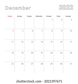 Simple wall calendar for December 2022 with dotted lines. The calendar is in English, week start from Sunday. Vector template.