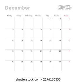 Simple Wall Calendar For December 2023 With Dotted Lines. The Calendar Is In English, Week Start From Monday. Vector Template.