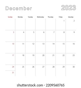 Simple calendario de pared para diciembre de 2023 con líneas punteadas. El calendario está en inglés, la semana comienza a partir del domingo. Plantilla de vectores.