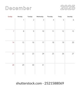 Simple wall calendar for December 2025 with dotted lines. The calendar is in English, week start from Sunday. Vector template.