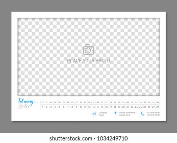 Simple wall calendar February 2018 year, flat, isolated. Plain annual chart in minimalistic design. Calendar vector template