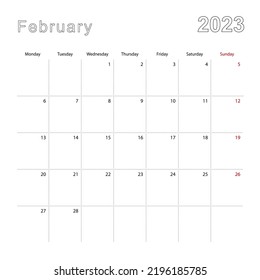 Simple Wall Calendar For February 2023 With Dotted Lines. The Calendar Is In English, Week Start From Monday. Vector Template.