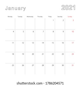 Simple wall calendar for January 2021 with dotted lines. The calendar is in English, week start from Monday. Vector template.