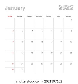 Simple wall calendar for January 2022 with dotted lines. The calendar is in English, week start from Sunday. Vector template.