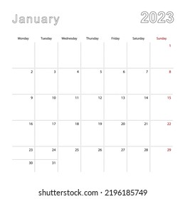 Simple Wall Calendar For January 2023 With Dotted Lines. The Calendar Is In English, Week Start From Monday. Vector Template.