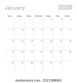 Simple wall calendar for January 2025 with dotted lines. The calendar is in English, week start from Sunday. Vector template.