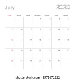 Simple wall calendar for July 2020 with dotted lines. The calendar is in English, week start from Sunday. Vector template.