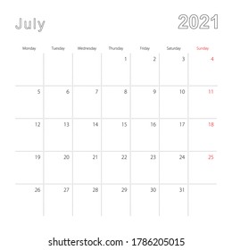 Simple calendario de pared para julio de 2021 con líneas punteadas. El calendario está en inglés, la semana comienza el lunes. Plantilla de vectores.