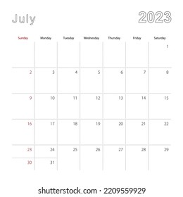 Simple wall calendar for July 2023 with dotted lines. The calendar is in English, week start from Sunday. Vector template.