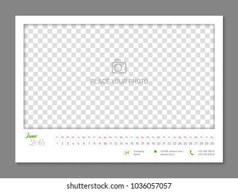 Simple wall calendar June 2018 year, flat, isolated. Plain annual chart in minimalistic design. Calendar vector template