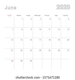Simple wall calendar for June 2020 with dotted lines. The calendar is in English, week start from Sunday. Vector template.