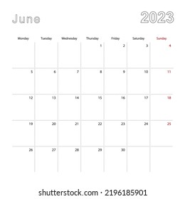 Simple Wall Calendar For June 2023 With Dotted Lines. The Calendar Is In English, Week Start From Monday. Vector Template.