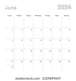 Simple wall calendar for June 2024 with dotted lines. The calendar is in English, week start from Sunday. Vector template.