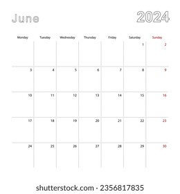 Simple wall calendar for June 2024 with dotted lines. The calendar is in English, week start from Monday. Vector template.