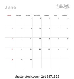 Simple wall calendar for June 2026 with dotted lines. The calendar is in English, week start from Sunday. Vector template.