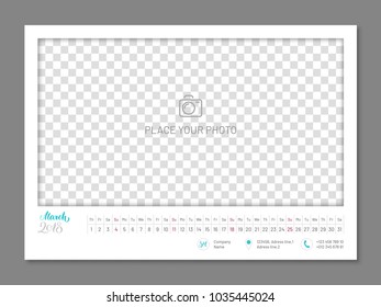 Simple wall calendar March 2018 year, flat, isolated. Plain annual chart in minimalistic design. Calendar vector template