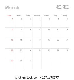 Simple wall calendar for March 2020 with dotted lines. The calendar is in English, week start from Sunday. Vector template.