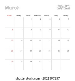 Einfache Wandkalender für März 2022 mit gestrichenen Linien. Der Kalender ist in Englisch, Woche beginnt Sonntag. Vektorvorlage.