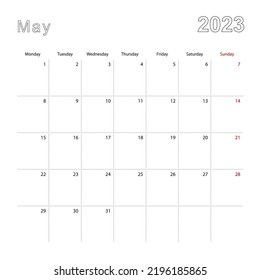 Simple Wall Calendar For May 2023 With Dotted Lines. The Calendar Is In English, Week Start From Monday. Vector Template.