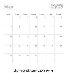 Simple wall calendar for May 2023 with dotted lines. The calendar is in English, week start from Sunday. Vector template.