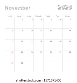 Simple wall calendar for November 2020 with dotted lines. The calendar is in English, week start from Sunday. Vector template.