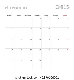 Simple Wall Calendar For November 2023 With Dotted Lines. The Calendar Is In English, Week Start From Monday. Vector Template.