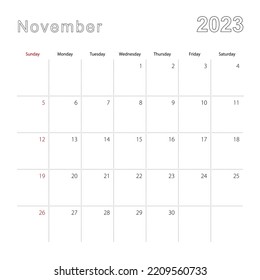 Simple wall calendar for November 2023 with dotted lines. The calendar is in English, week start from Sunday. Vector template.