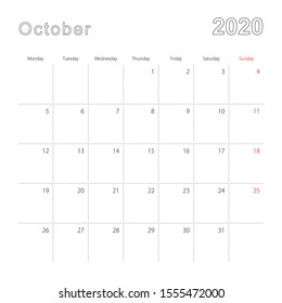 Simple wall calendar for October 2020 with dotted lines. The calendar is in English, week start from Monday. Vector template.